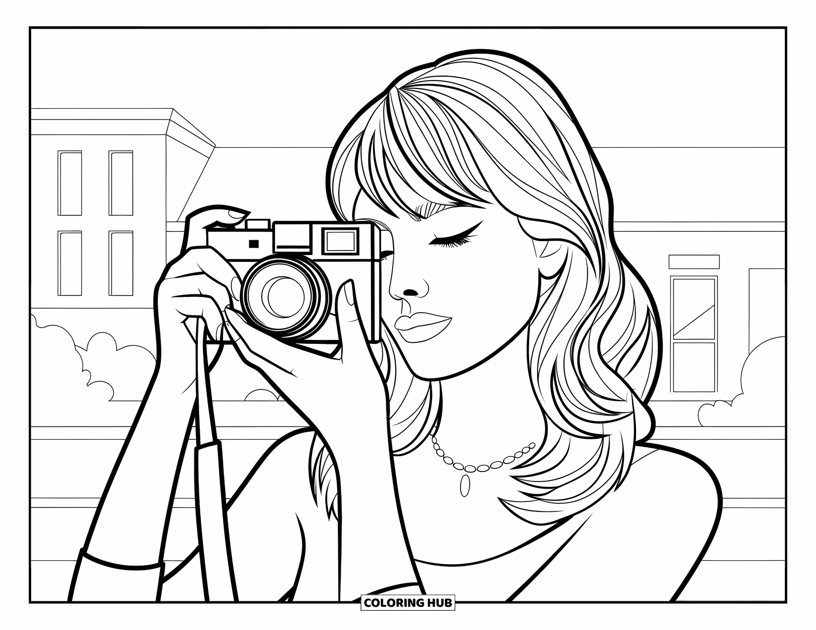 Woman Coloring Page for Kids: Woman with layered hair taking a picture with a camera