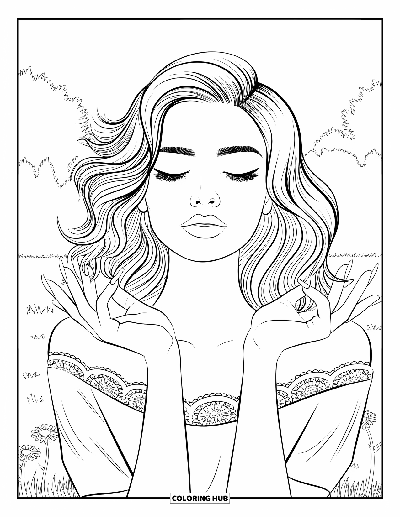 Woman Coloring Page for Kids: Woman with wavy hair and lace top, eyes closed, in a field