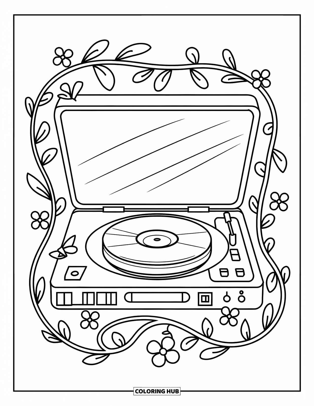 2000S Coloring Page for Adults: A CD player design framed by vines and blossoms in a cute 2000s style