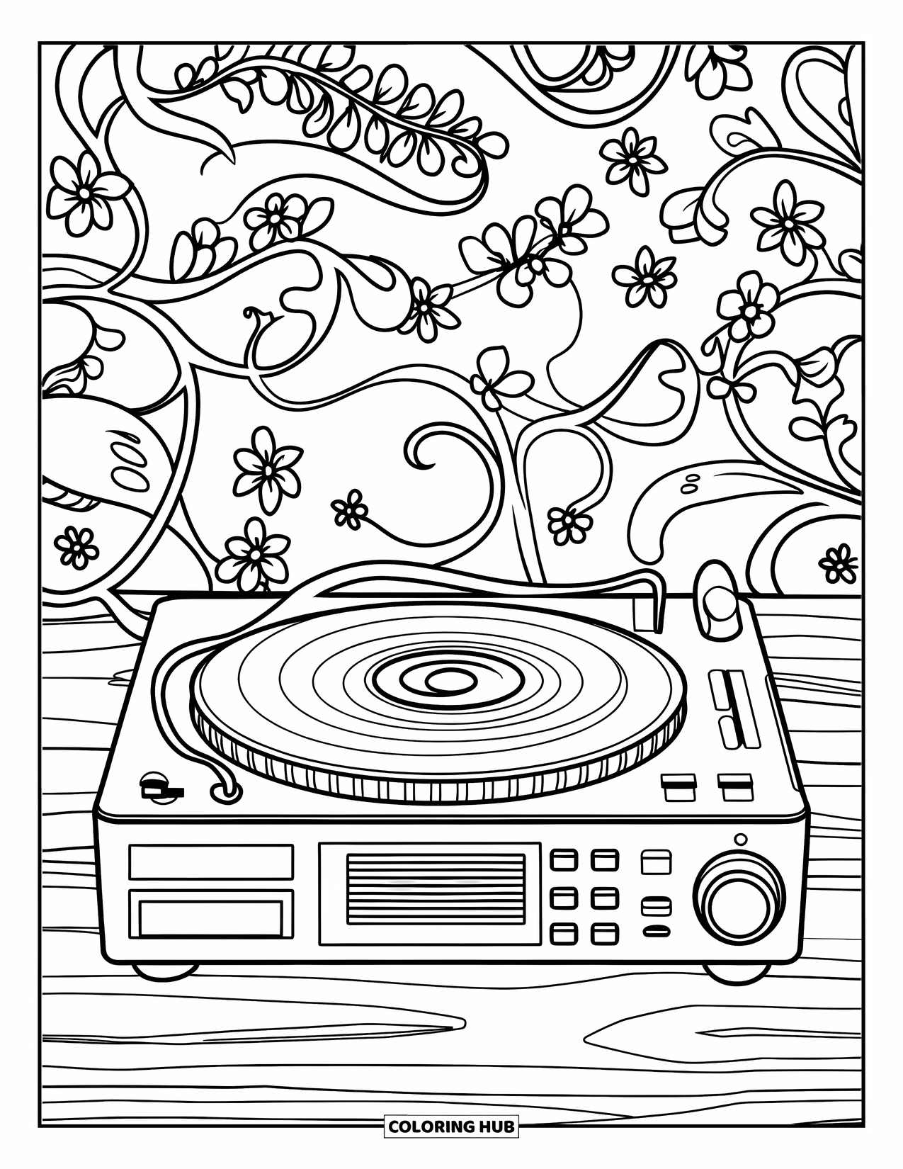 2000S Coloring Page for Adults: A CD player surrounded by swirling vines and blooming flowers