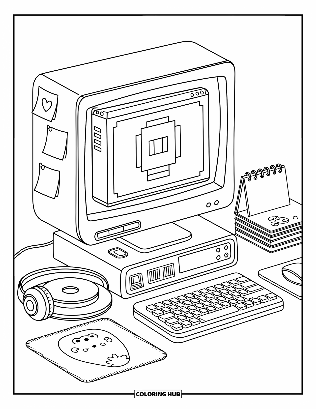 2000S Coloring Page for Adults: A cozy 2000s desk with computer, CDs, and heart-shaped notes