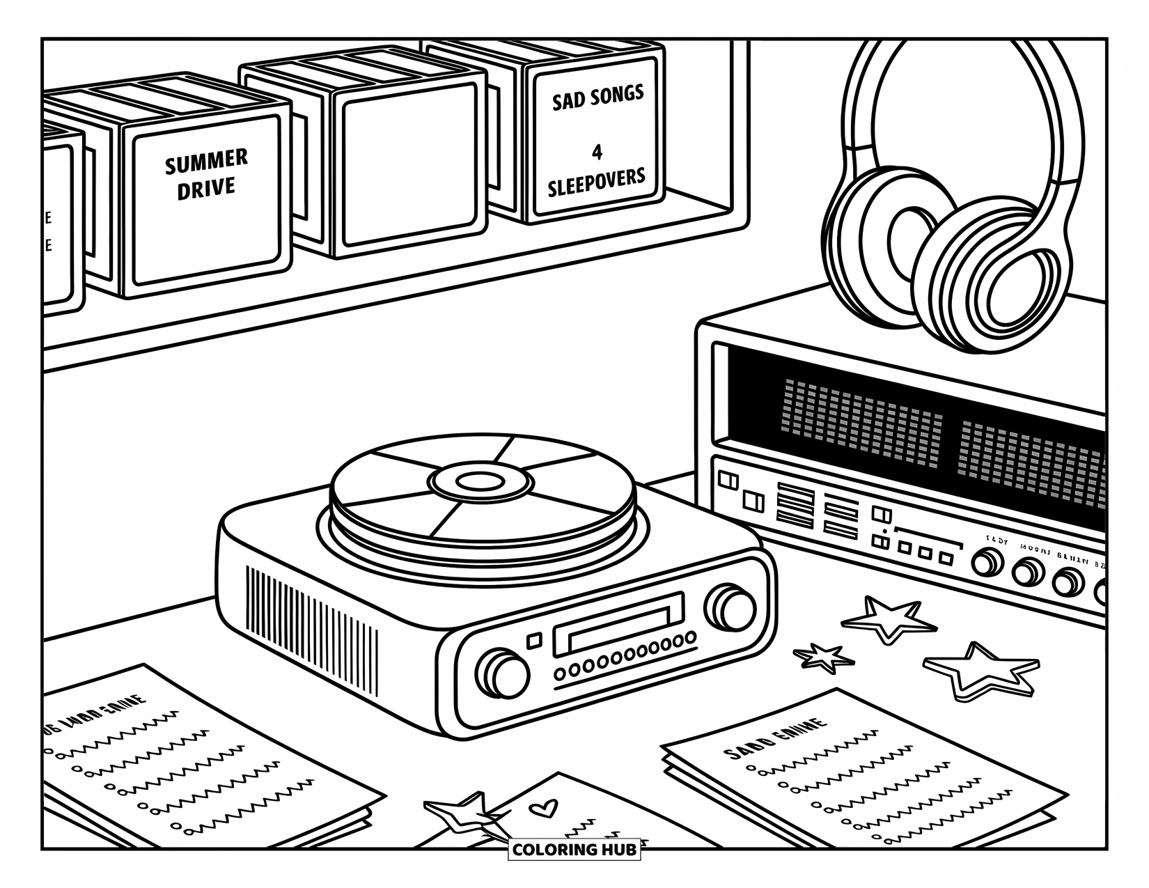 2000S Coloring Page for Adults: A cozy 2000s music corner with CDs, playlists, and headphones on display