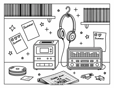 Yetişkinler için 2000'ler Boyama Sayfası: CD'ler, çizimler ve parlayan stereo ışıklarıyla sevimli bir müzik köşesi