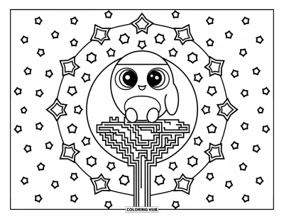 Yetişkinler için 2000'ler Boyama Sayfası: Arka planda yıldızlarla piksel ağaçta oturan sevimli Tamagotchi