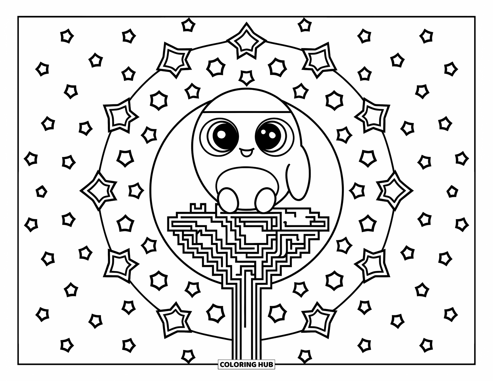 2000S Coloring Page for Adults: A cute Tamagotchi sitting on a pixel tree with stars in the background