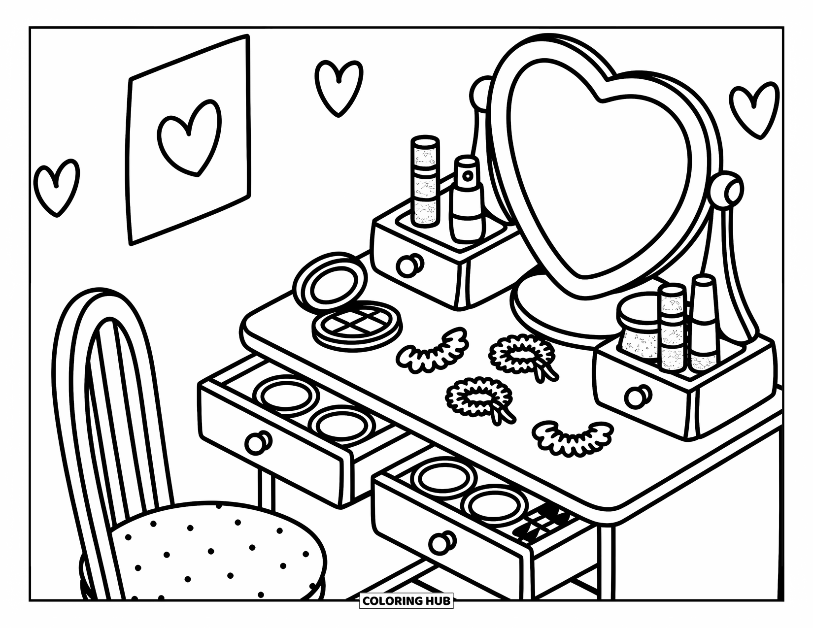 2000S Coloring Page for Adults: A cute vanity scene with makeup, lip gloss, and sparkly accessories