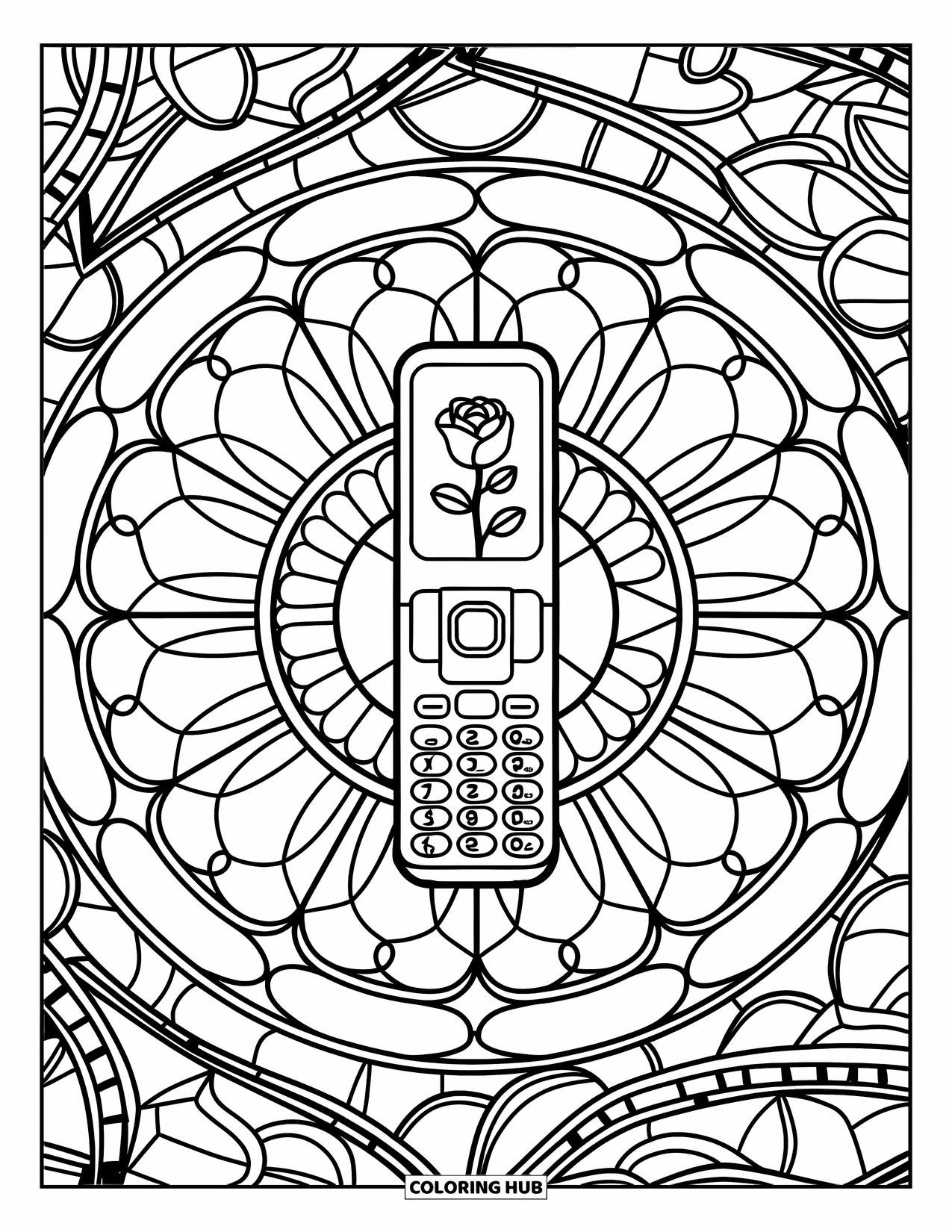 2000S Coloring Page for Adults: A flip phone centerpiece set in a stained-glass rose window frame