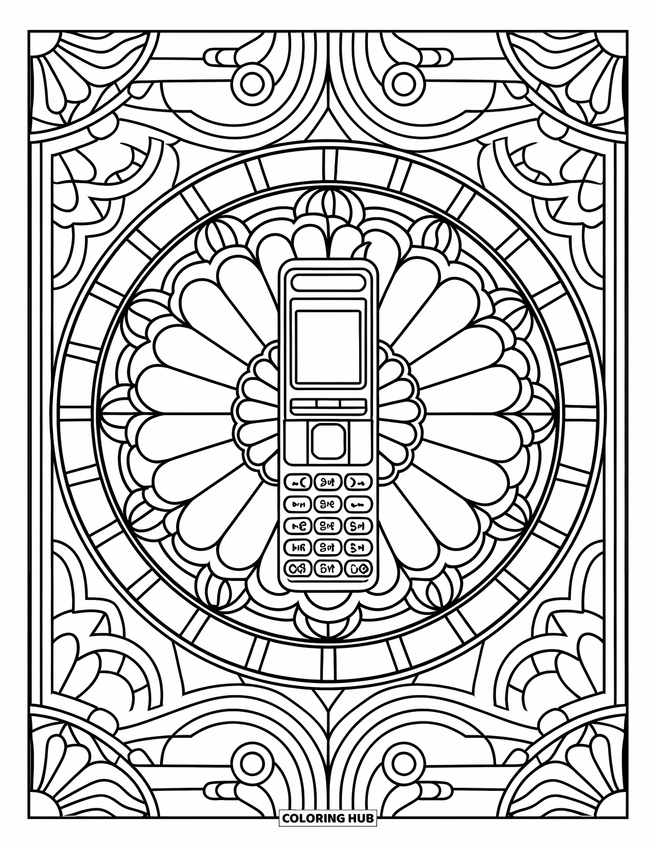 2000S Coloring Page for Adults: A flip phone framed by a rose window with intricate 2000s-inspired detail