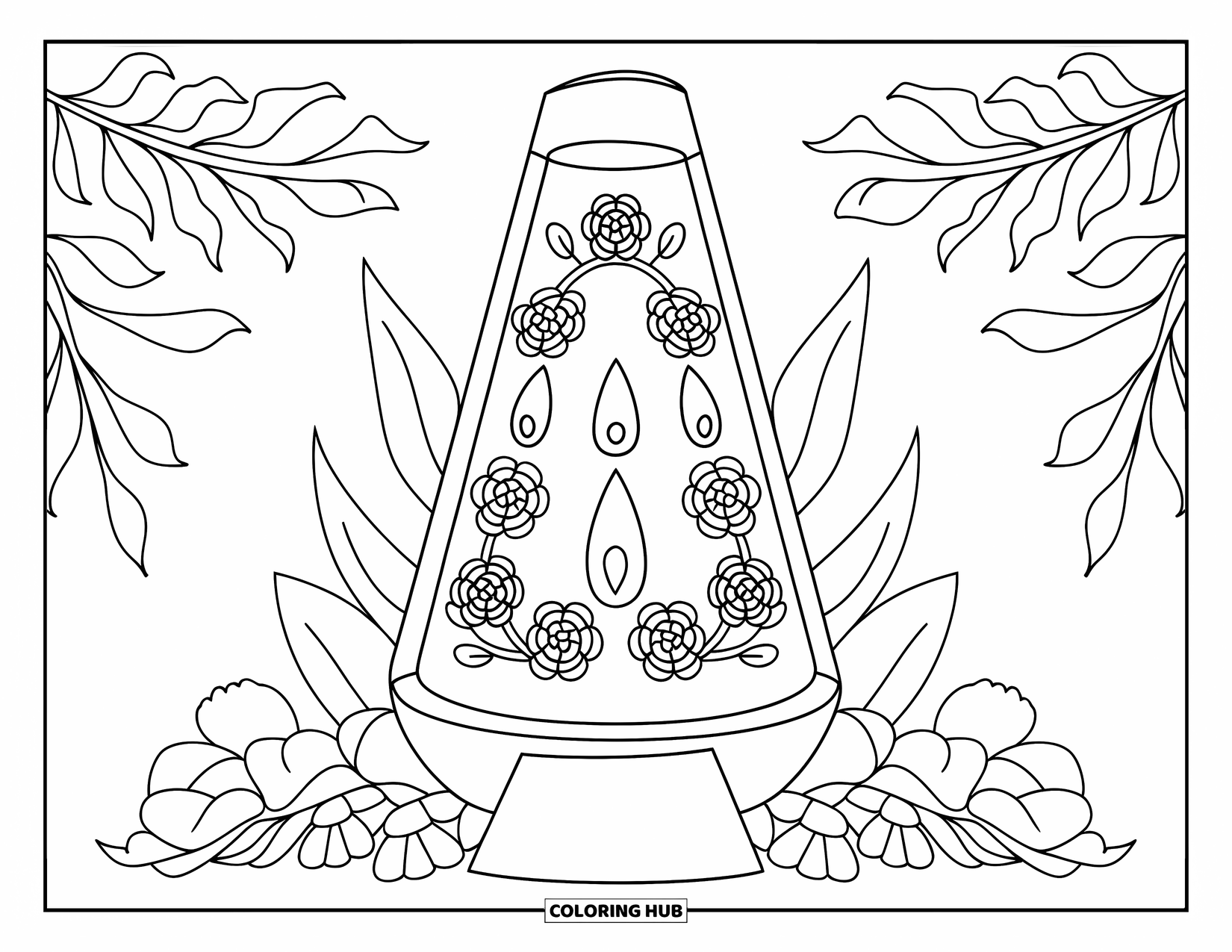 2000S Coloring Page for Adults: A lava lamp framed by flowers and leaves with clean, bold outlines