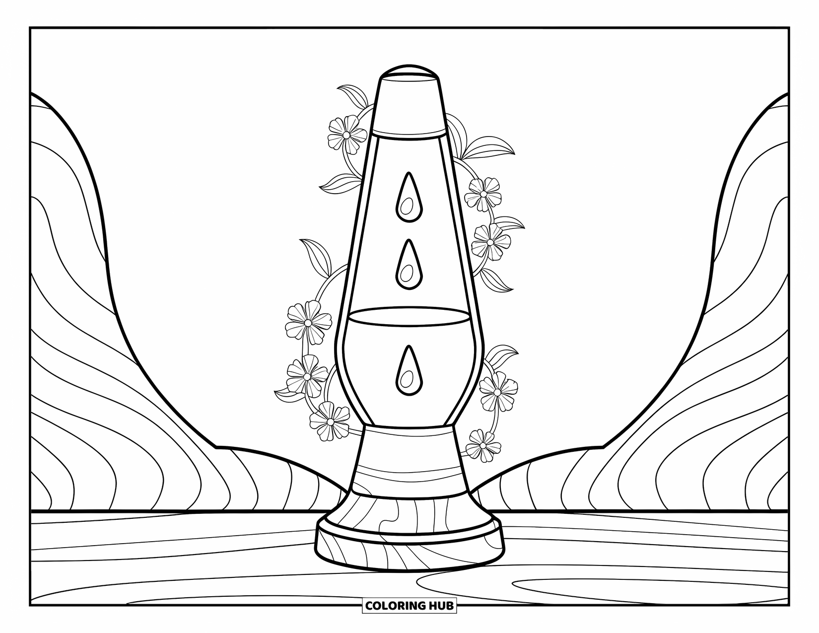 2000S Coloring Page for Adults: A lava lamp on a wooden stand surrounded by floral spirals and droplets