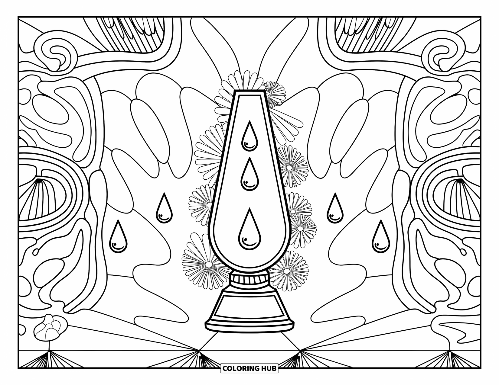 2000S Coloring Page for Adults: A lava lamp with floral spiral frames and swirling droplets for coloring