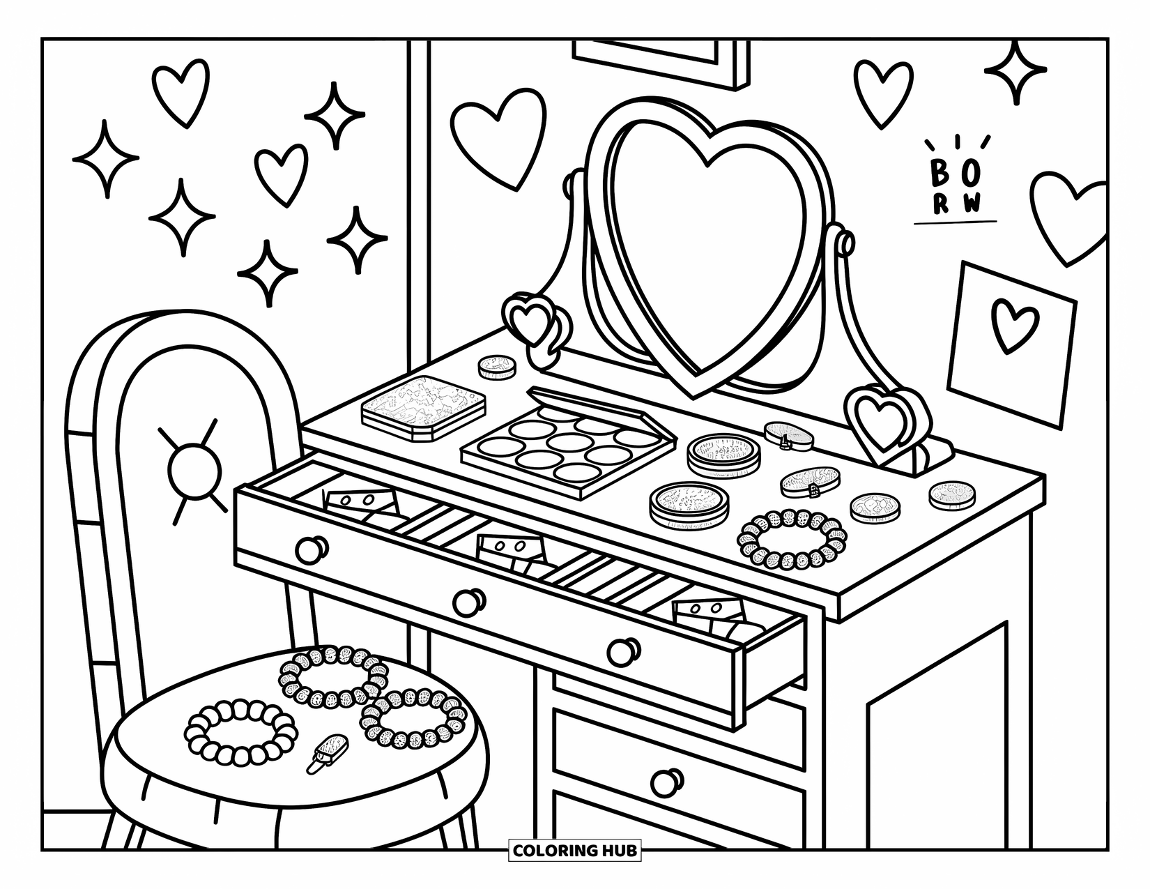 2000S Coloring Page for Adults: A sweet 2000s vanity setup with open drawers and cute decor
