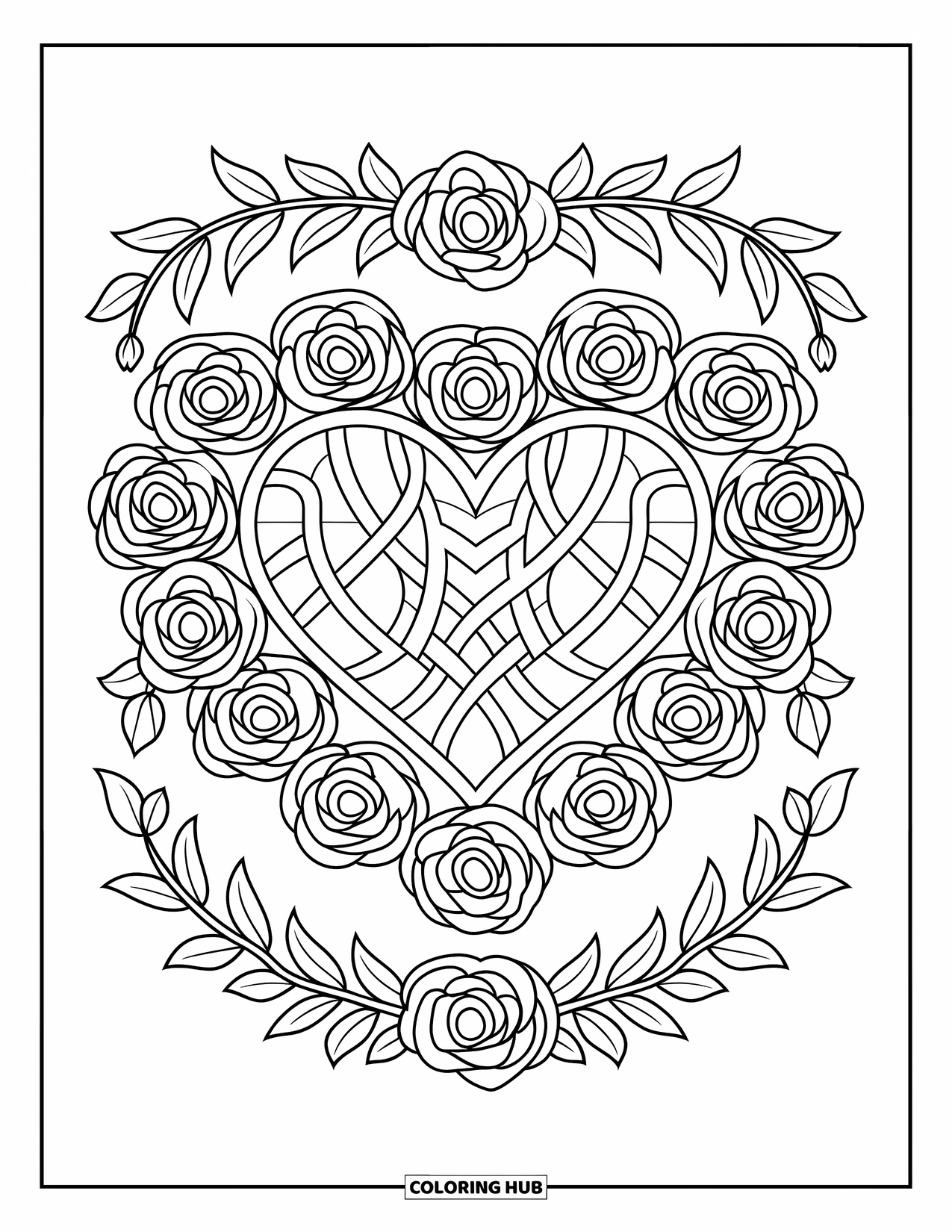 2000S Coloring Page for Adults: A symmetrical heart-and-rose tribal pattern with floral borders
