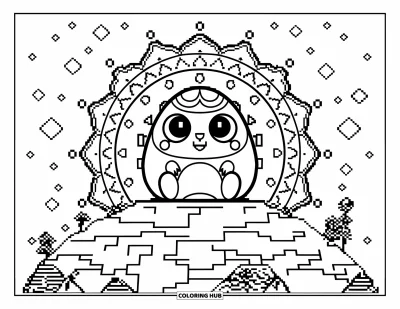 Yetişkinler için 2000'ler Boyama Sayfası: Piksel desenli bir gezegende yıldızlı mandala ile dinlenen Tamagotchi cihazı