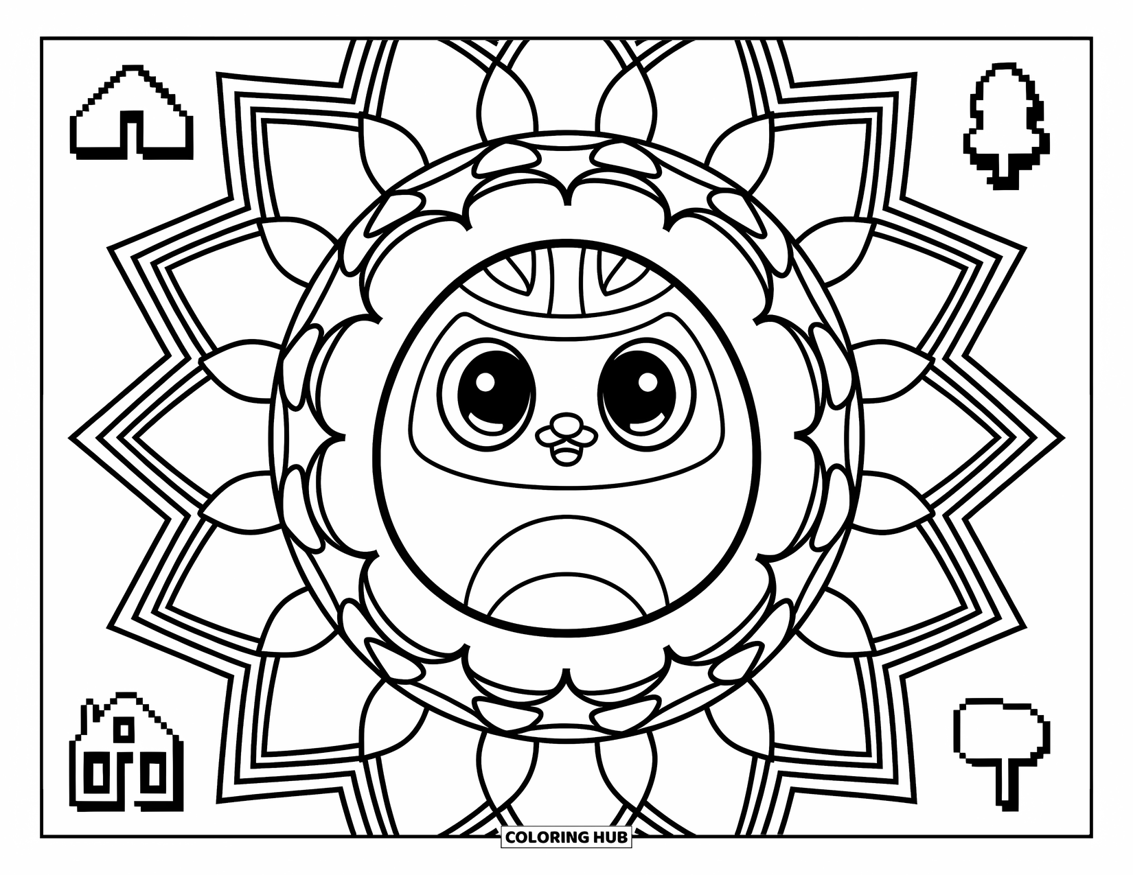 2000S Coloring Page for Adults: A Tamagotchi framed by a mandala of stars, houses, and pixel icons