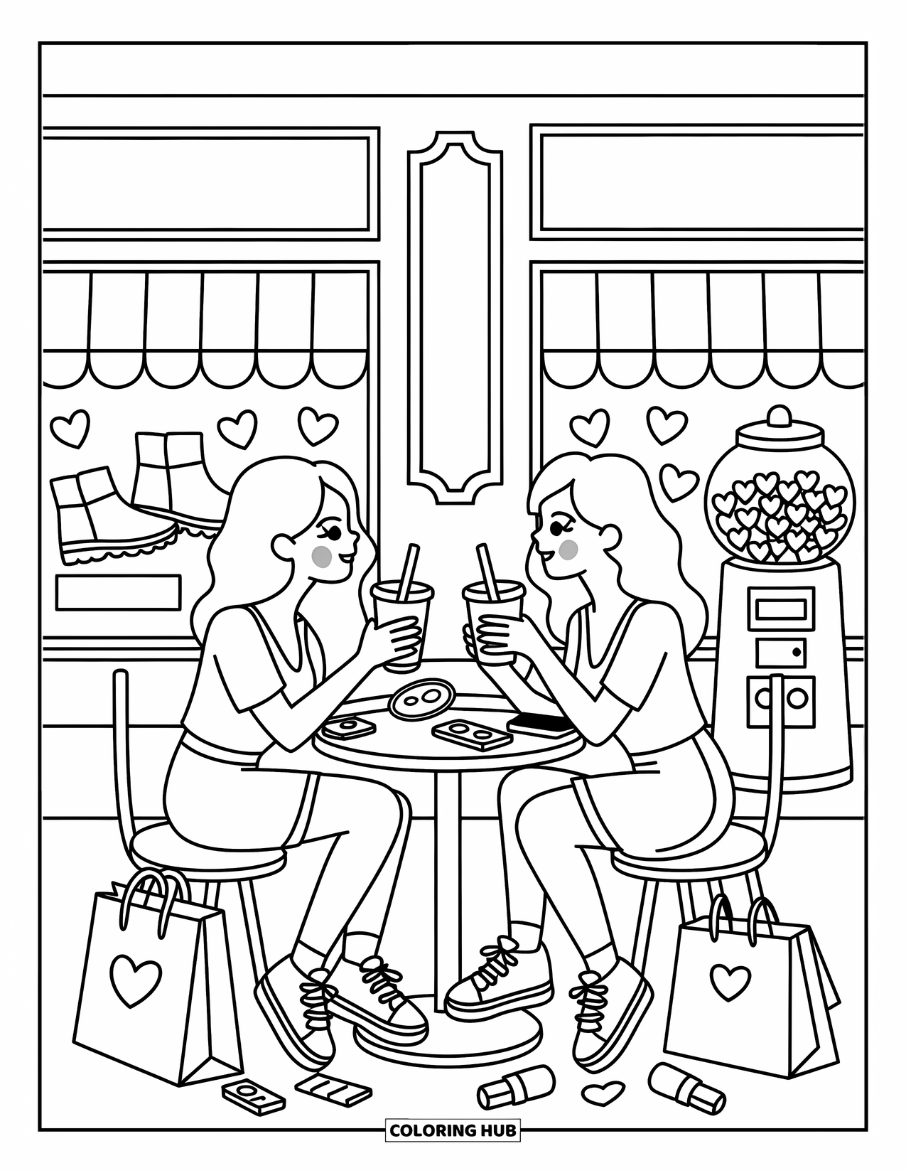2000S Coloring Page for Adults: Friends chatting at a mall cafÈ with bubble tea and cute bags