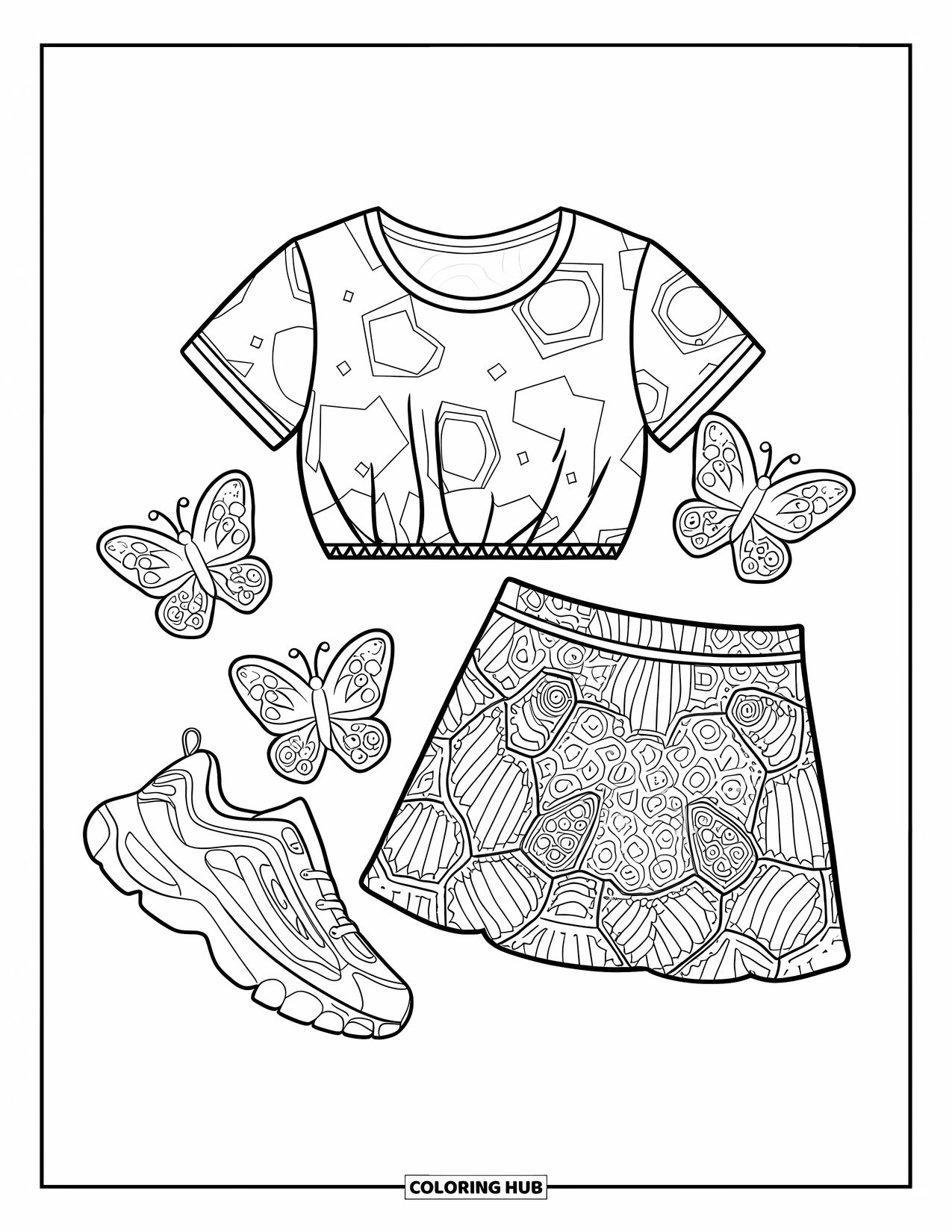 2000S Coloring Page for Kids: A cute flat lay with a crop top, skirt, and butterfly clips