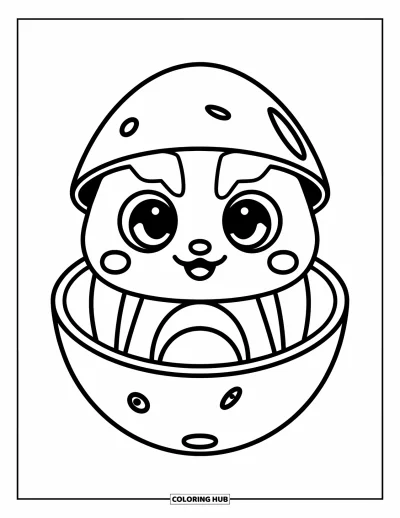 Çocuklar için 2000'ler Boyama Sayfası: Yumurta cihazında büyük gözlü sevimli bir Tamagotchi evcil hayvanı