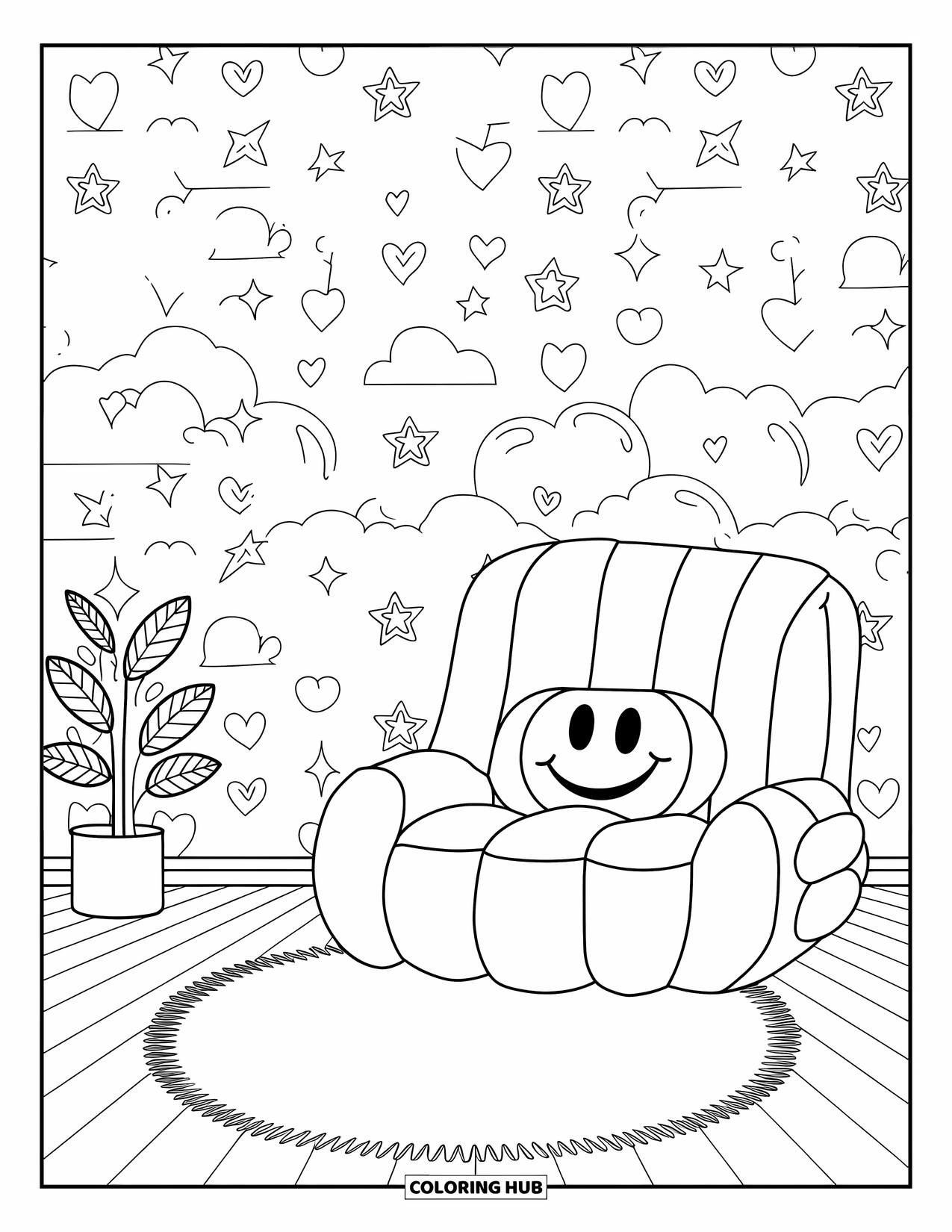 2000S Coloring Page for Kids: A fuzzy rug and inflatable chair with a smiley pillow in a room