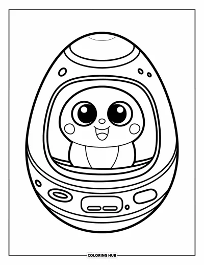 Çocuklar için 2000'ler Boyama Sayfası: Küçük yumurta şeklinde bir gadget içinde mutlu bir Tamagotchi evcil hayvanı