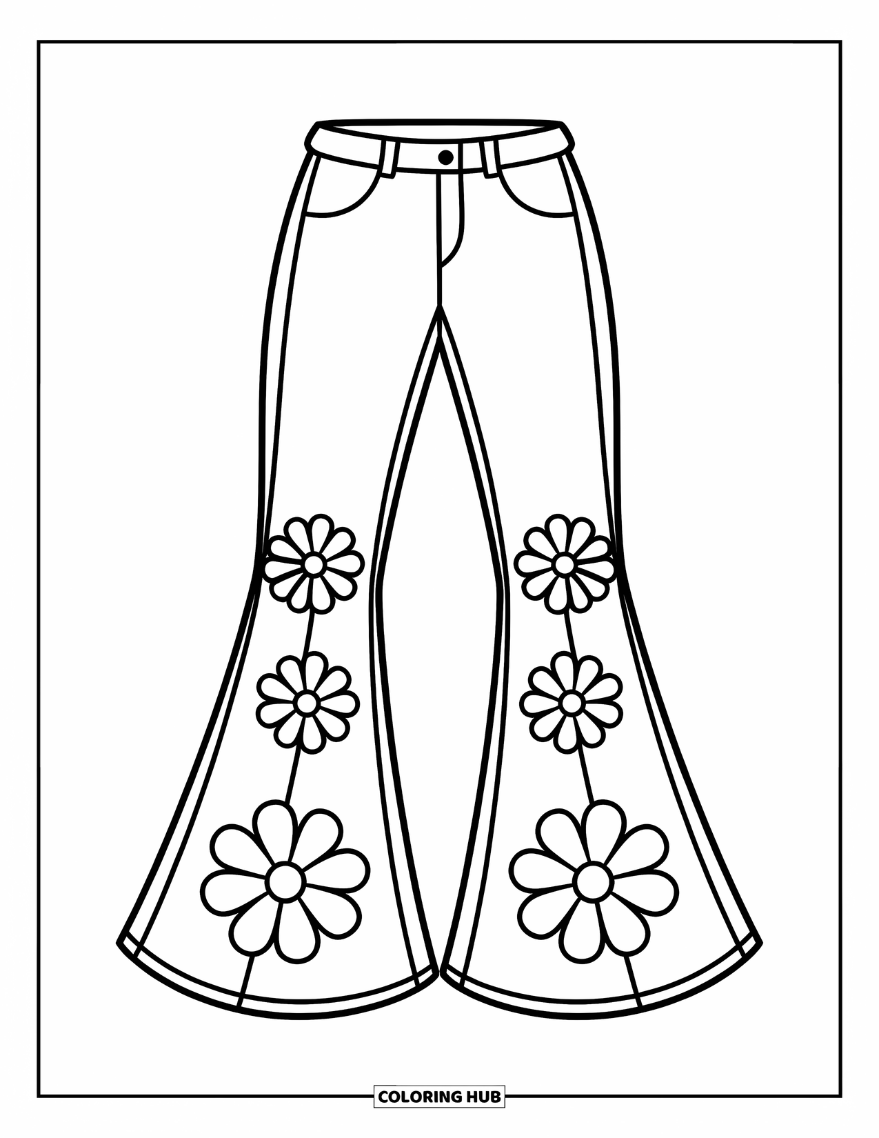 2000S Coloring Page for Kids: A pair of bell-bottom jeans with stitched flower details