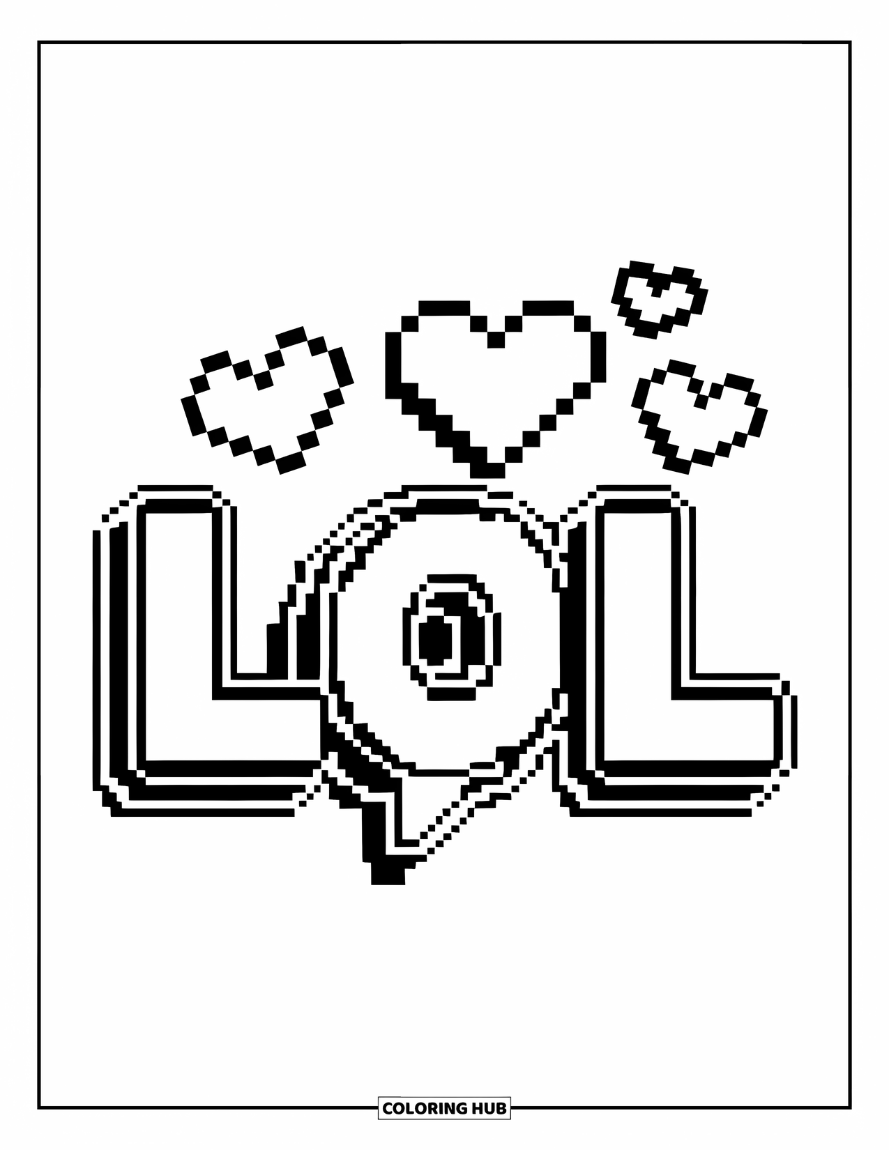 2000S Coloring Page for Kids: A pixel "LOL" bubble with bold letters and cute hearts