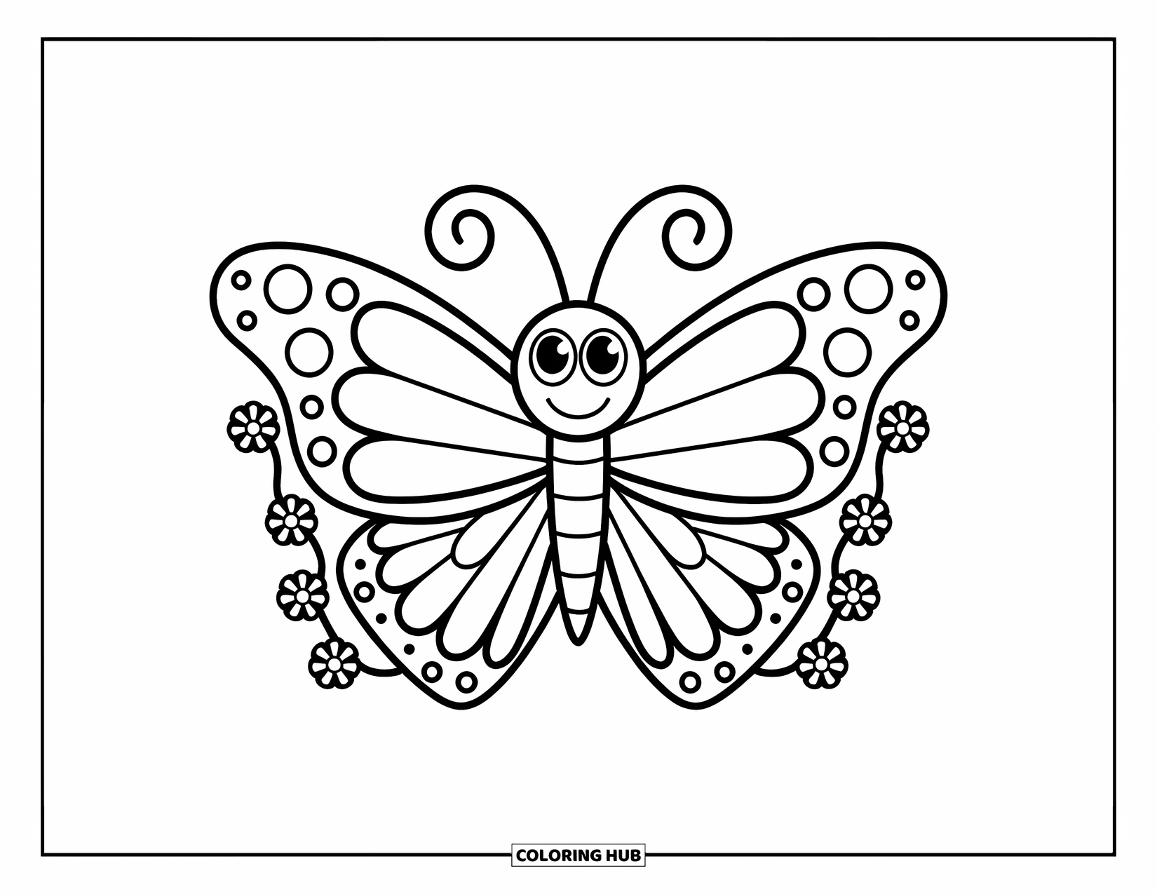 2000S Coloring Page for Kids: A playful butterfly clip with flowers in a Y2K-inspired style