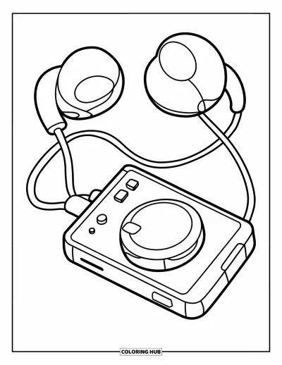Çocuklar için 2000'ler Boyama Sayfası: Büyük kulaklıklı ve sade çizgili retro bir MP3 çalar