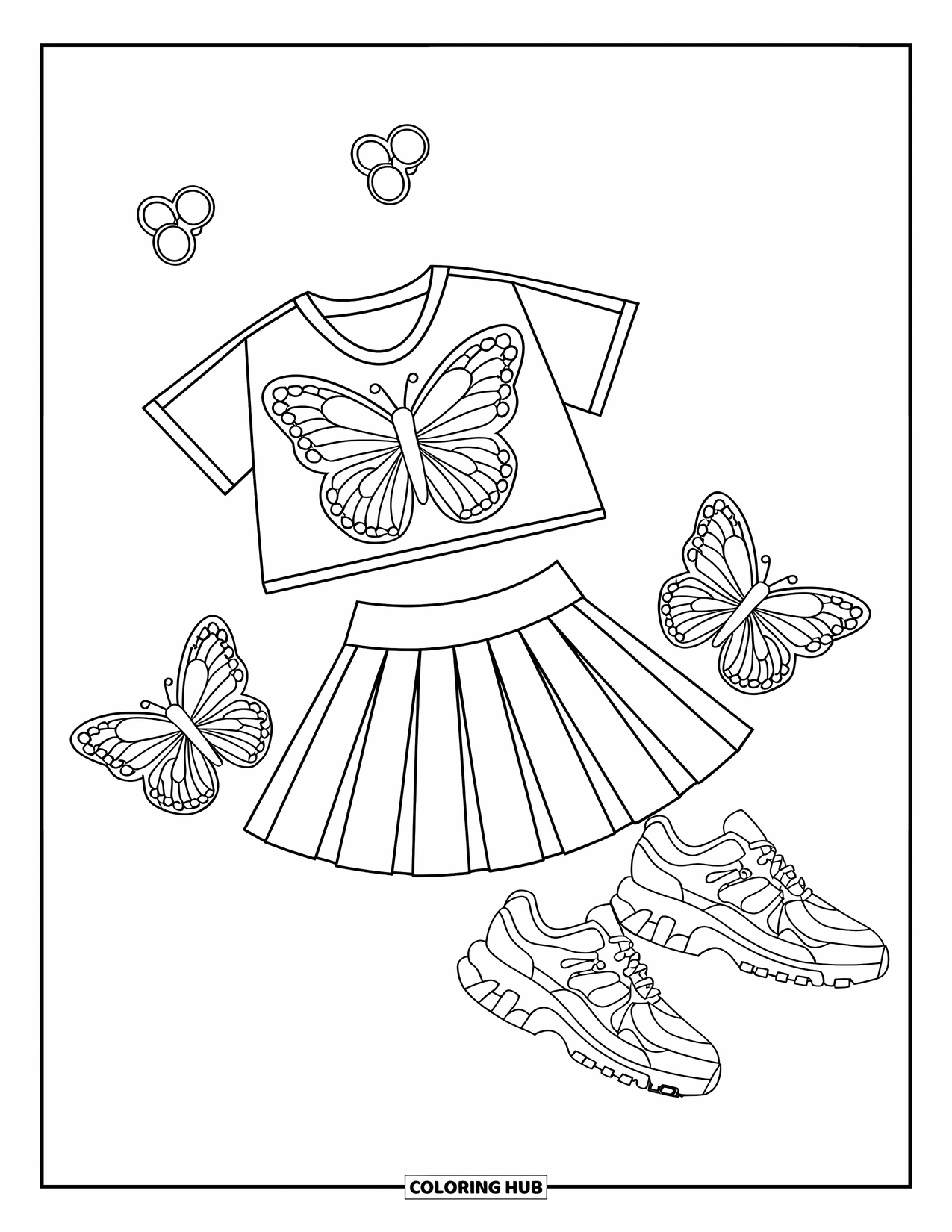 2000S Coloring Page for Kids: A stylish Y2K flat lay with a crop top, skirt, and accessories