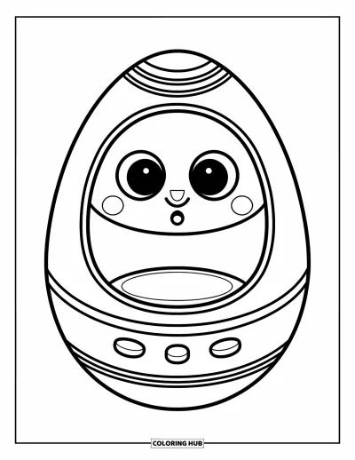 Çocuklar için 2000'ler Boyama Sayfası: Yumurta şeklinde sanal bir oyuncak içinde bir Tamagotchi evcil hayvanı