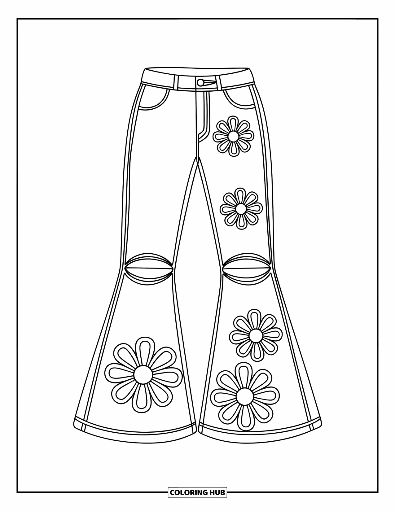 2000S Coloring Page for Kids: Bell-bottom jeans with floral stitches and clean outlines