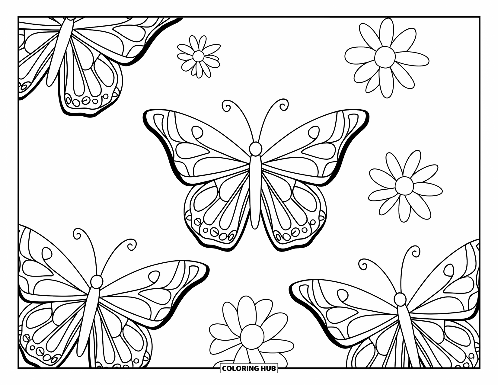 2000S Coloring Page for Kids: Three butterfly clips with floral accents for preschool coloring
