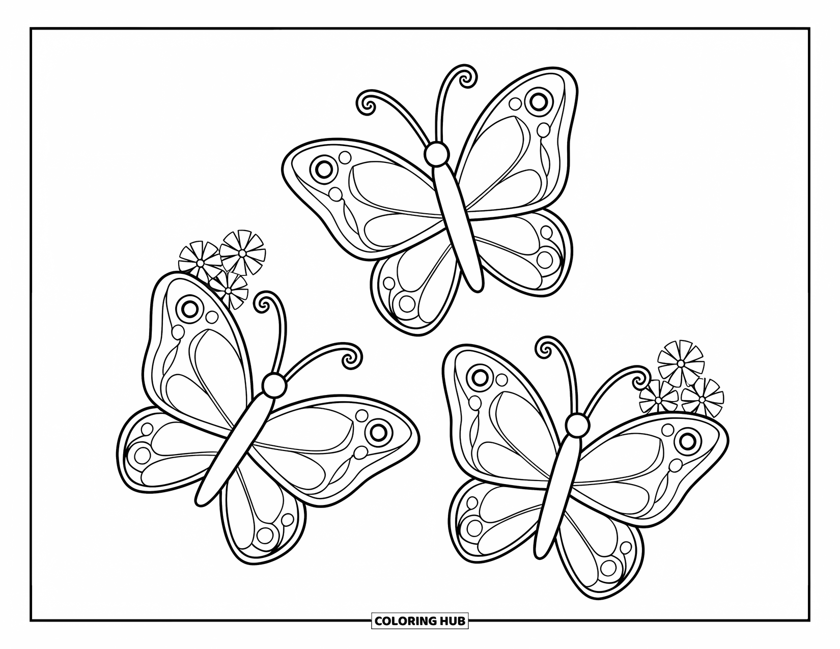 2000S Coloring Page for Kids: Three cute butterfly hair clips drawn in a 2000s-inspired style