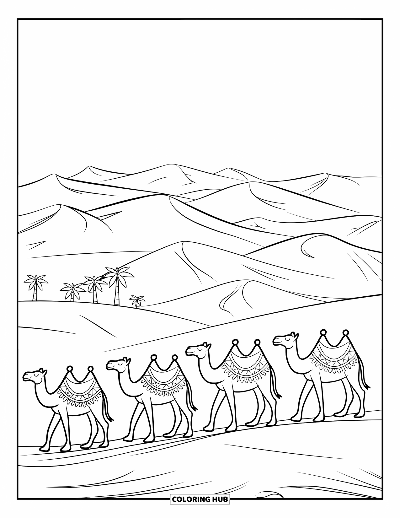 Africa Coloring Page for Adults: A camel caravan crosses soft desert dunes under tall palms