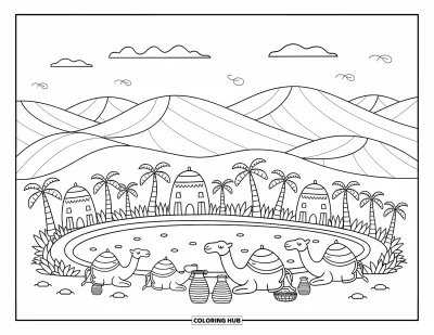 Coloriage d'Afrique pour adultes : Une brise douce du désert souffle autour d'une oasis avec des palmiers et des chameaux
