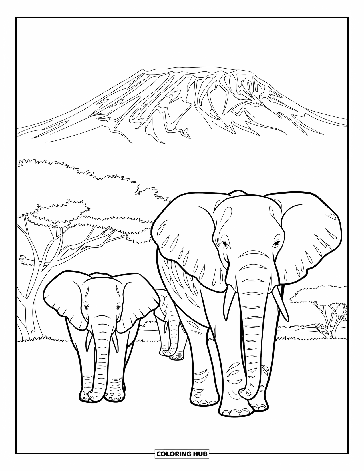 Africa Coloring Page for Adults: A herd of elephants walks across the plains with Kilimanjaro behind