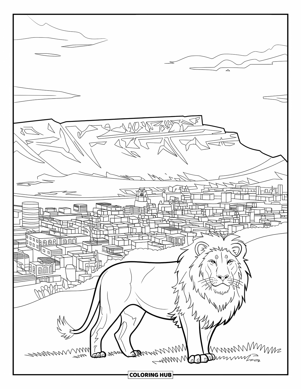 Africa Coloring Page for Adults: A lion overlooks Cape Town beneath the flat peak of Table Mountain