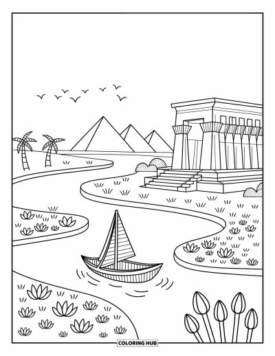 Coloriage d'Afrique pour adultes : Une barque en papyrus dérive près d'un temple et de fleurs de lotus sur le Nil