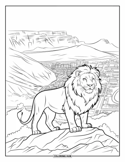 Coloriage d'Afrique pour adultes : Un lion fier se dresse devant la Montagne de la Table et la ville en contrebas