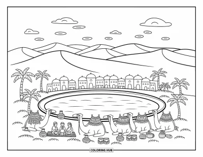 Coloriage d'Afrique pour adultes : Une oasis tranquille avec des palmiers et des chameaux au repos près des dunes