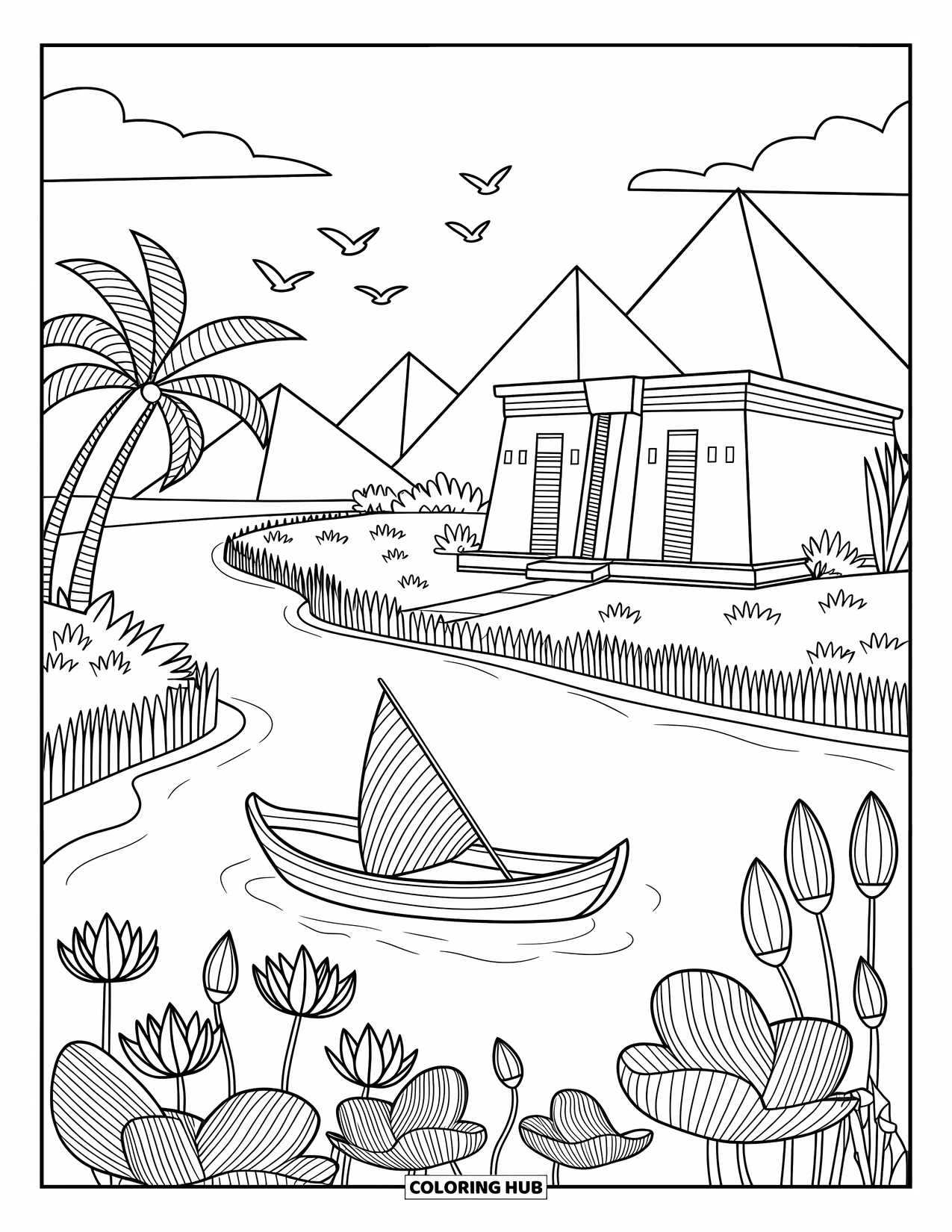 Africa Coloring Page for Adults: A temple and sailboat rest along the peaceful Nile River