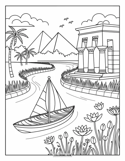 Coloriage d'Afrique pour adultes : Un temple, des pyramides et une felouque au bord du Nil calme et sinueux