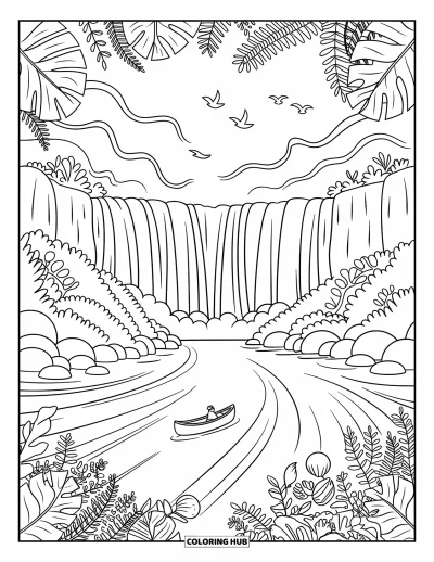 Coloriage d'Afrique pour adultes : Une cascade entourée de fougères et de fleurs avec de la brume et des oiseaux en vol