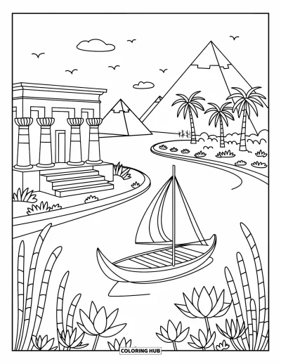 Coloriage d'Afrique pour adultes : Un temple égyptien et une barque le long du Nil, encadrés par des palmiers