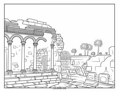 Coloriage d'Afrique pour adultes : Les ruines antiques de Carthage avec des colonnes, des murs de pierre et des palmiers au loin