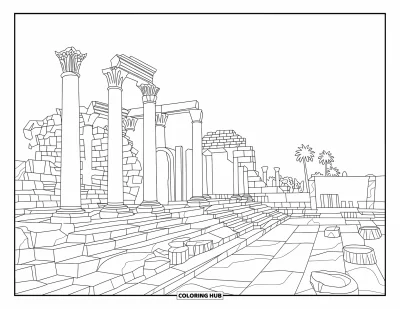 Coloriage d'Afrique pour adultes : Les ruines antiques de Carthage entourées de colonnes de pierre et de palmiers