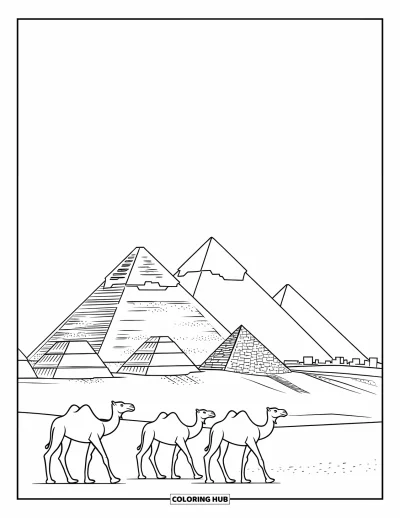 Coloriage d'Afrique pour adultes : Des chameaux passent devant les Grandes Pyramides sous un ciel lumineux