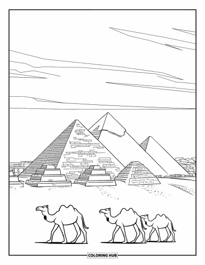 Coloriage d'Afrique pour adultes : Des chameaux marchent près des imposantes Grandes Pyramides sous un ciel limpide