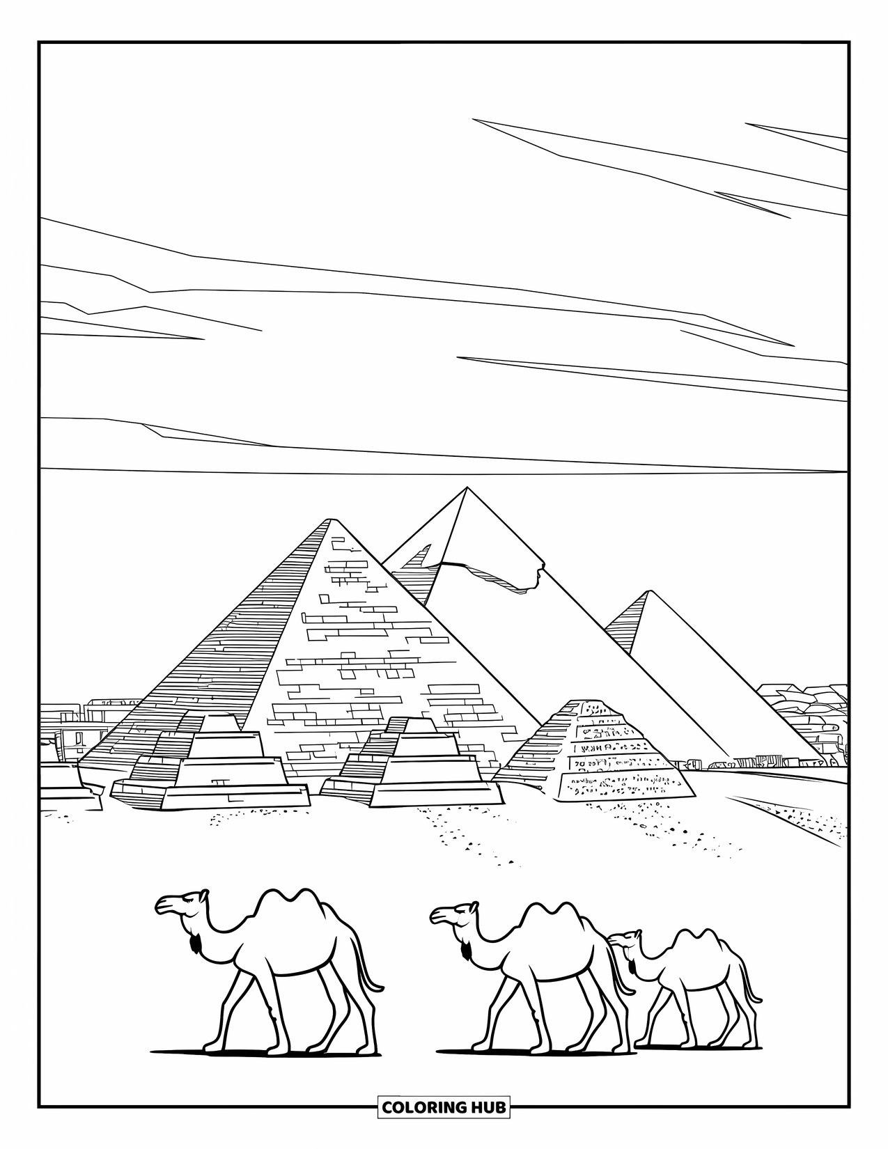 Africa Coloring Page for Adults: Camels walk near the towering Great Pyramids under clear skies