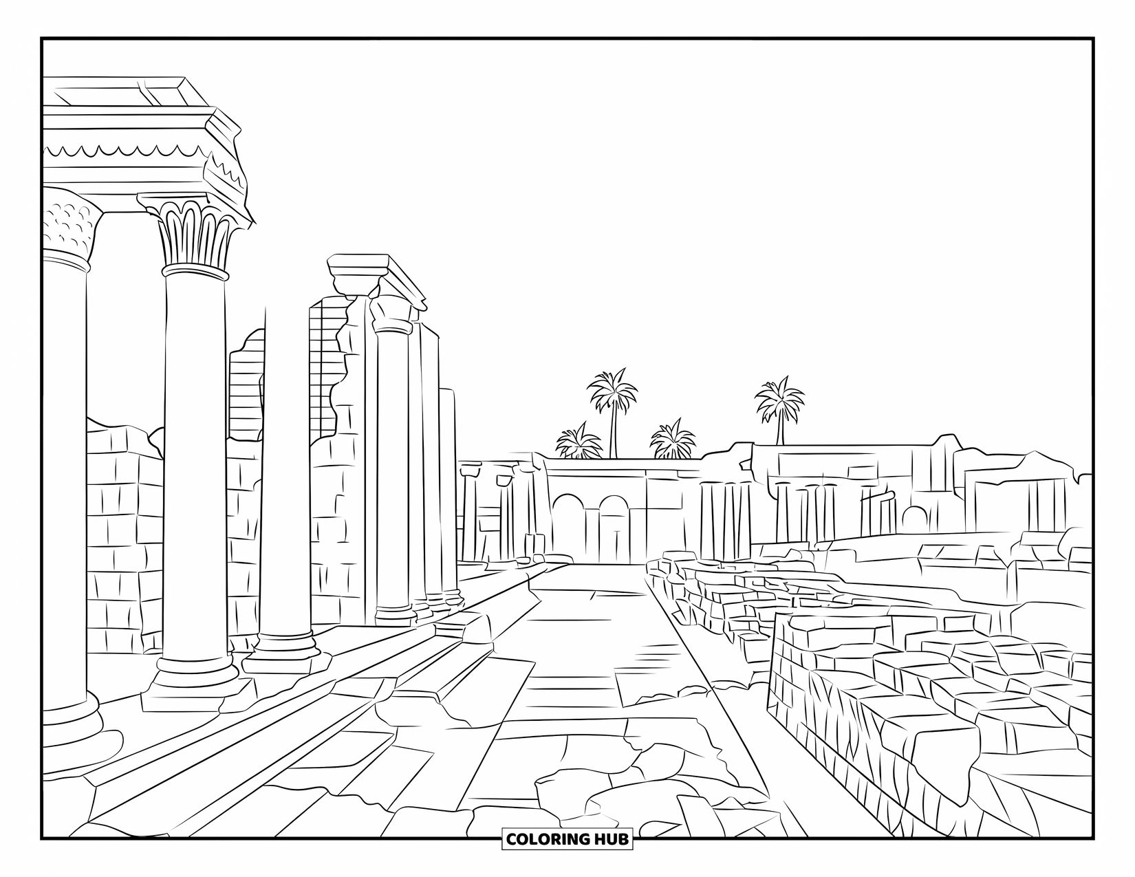 Africa Coloring Page for Adults: Carthage ruins with crumbling walls, columns, and tall date palms